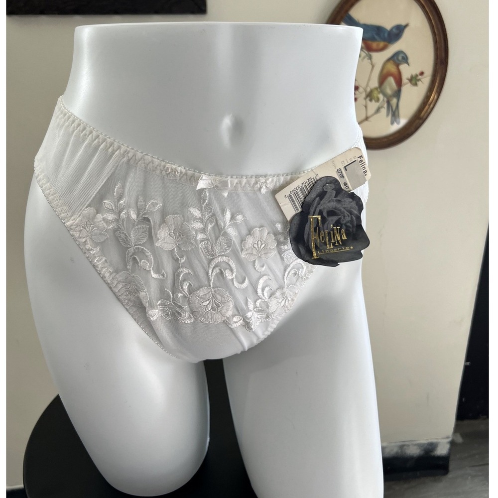 Vintage Felina White Sheer Embroidered Mesh Panties Size Large